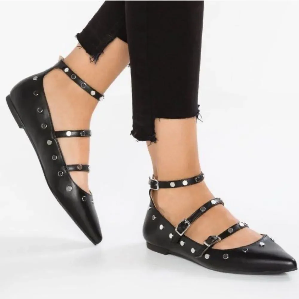 Topshop Women's Black Silver Studded Pointy Toe Strappy Flats Sz 5/38